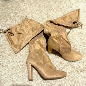 beige over the knee heeled boots